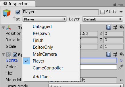 Označenie herného objektu Player pomocou značky
