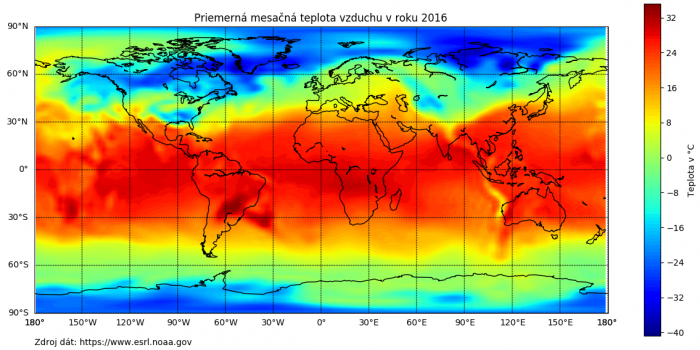 Teplotné dáta zobrazujúce priemernú mesačnú teplotu v roku 2016 na ekvidistantnej valcovej projekcii Zeme.